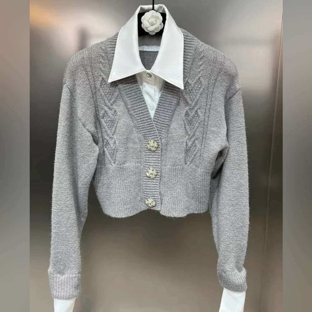 Jessica Bara Megyn long sleeve grey sweater top with rhinestone buttons, NWOT